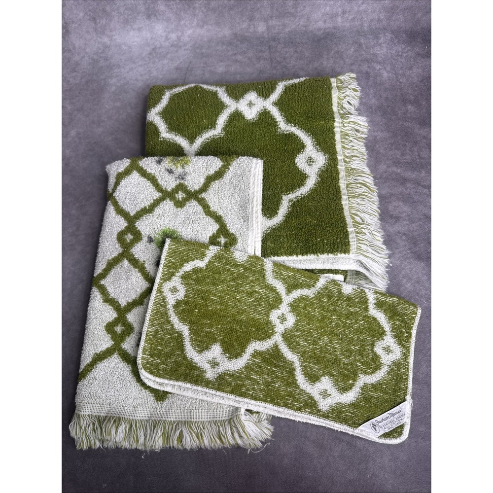 Fashion Manor  Green & White Vintage Floral Fringe‎ Towel Set Cotton Retro